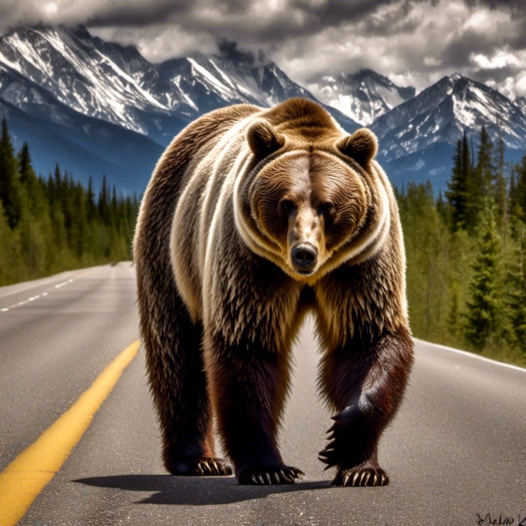 a silver back grizzly bear standing on the roadway to the Banff ski resort <lora:BearZFX0LampEyes:1.0> <lora:Epic Splash...