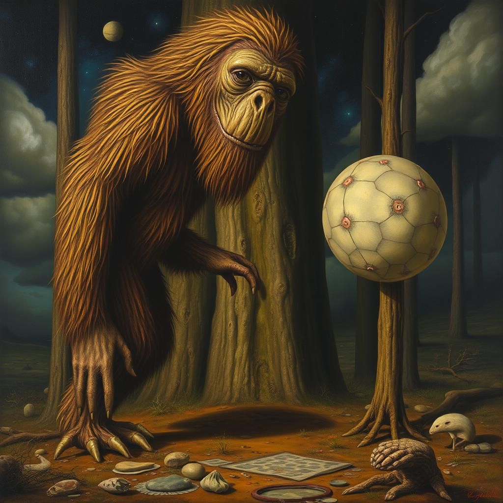Surreal Bigfoot Roaming in Oil Gouache Style