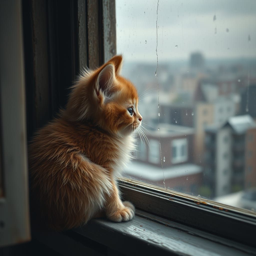 Melancholic Kitten Gazing at Rainy Cityscape