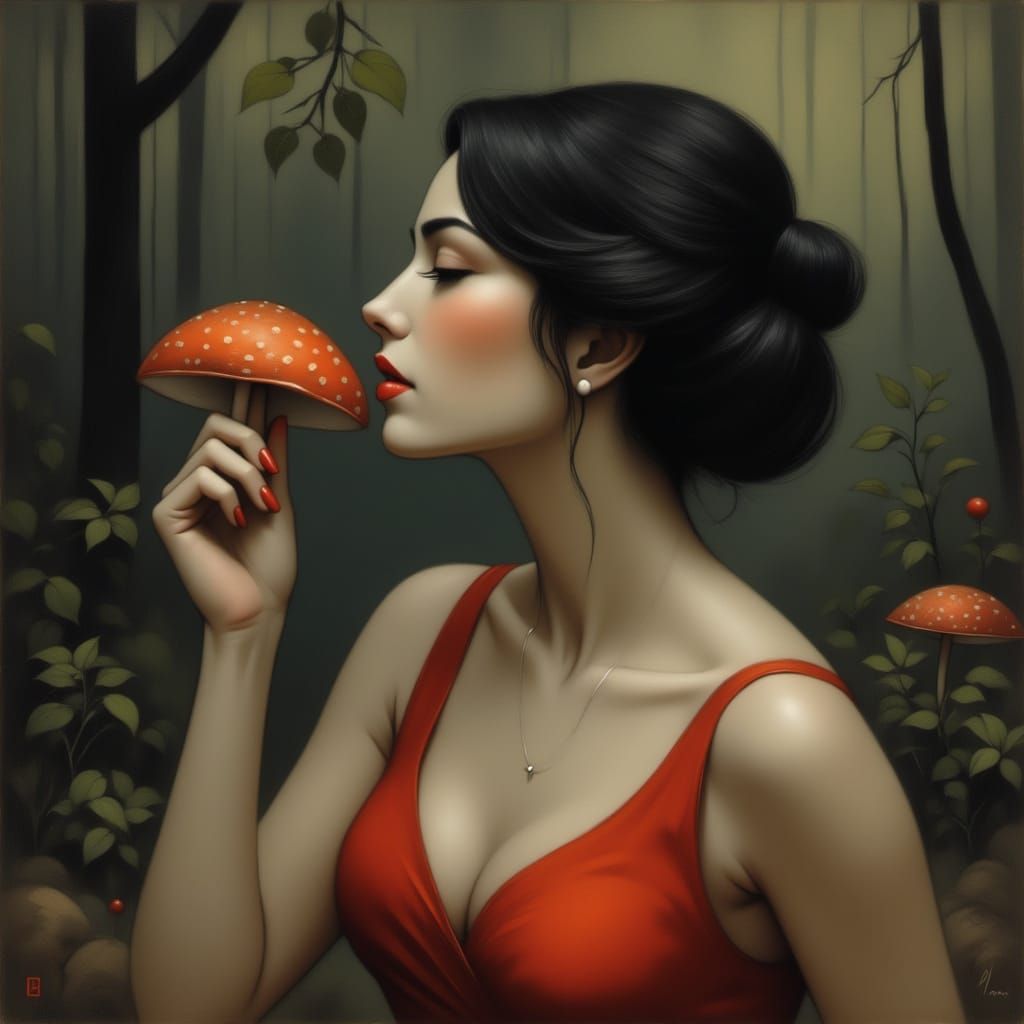 Elegant Woman Enjoys Mushroom in Parisian Setting