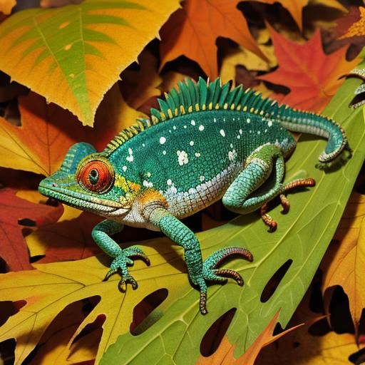 Camouflaged Chameleon Among Autumn Foliage