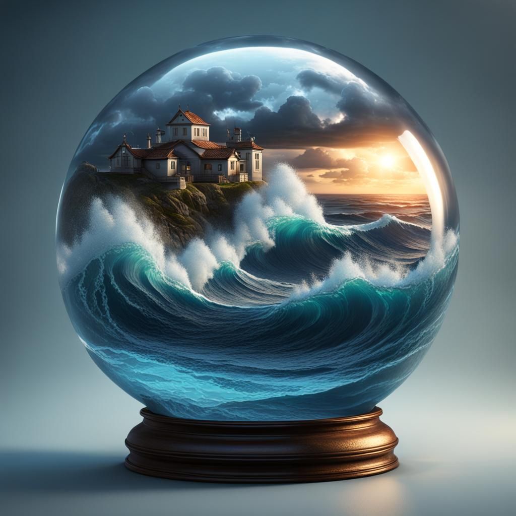 "sea with waves and a storm inside a glass ball,  Hyperrealistic, splash art, concept art, mid shot, intricately detaile...