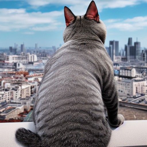 Silver British Shorthair Cat Overlooking Cityscape