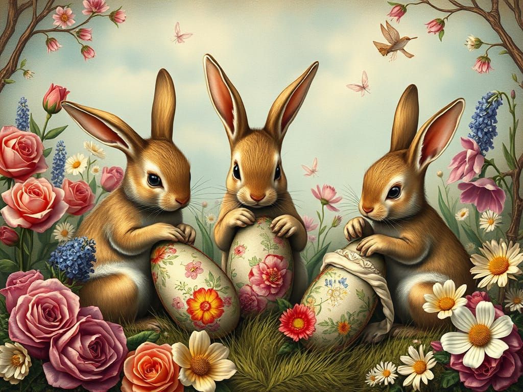 Bunnies Decorating Easter Eggs in Fairy Tale Landscape