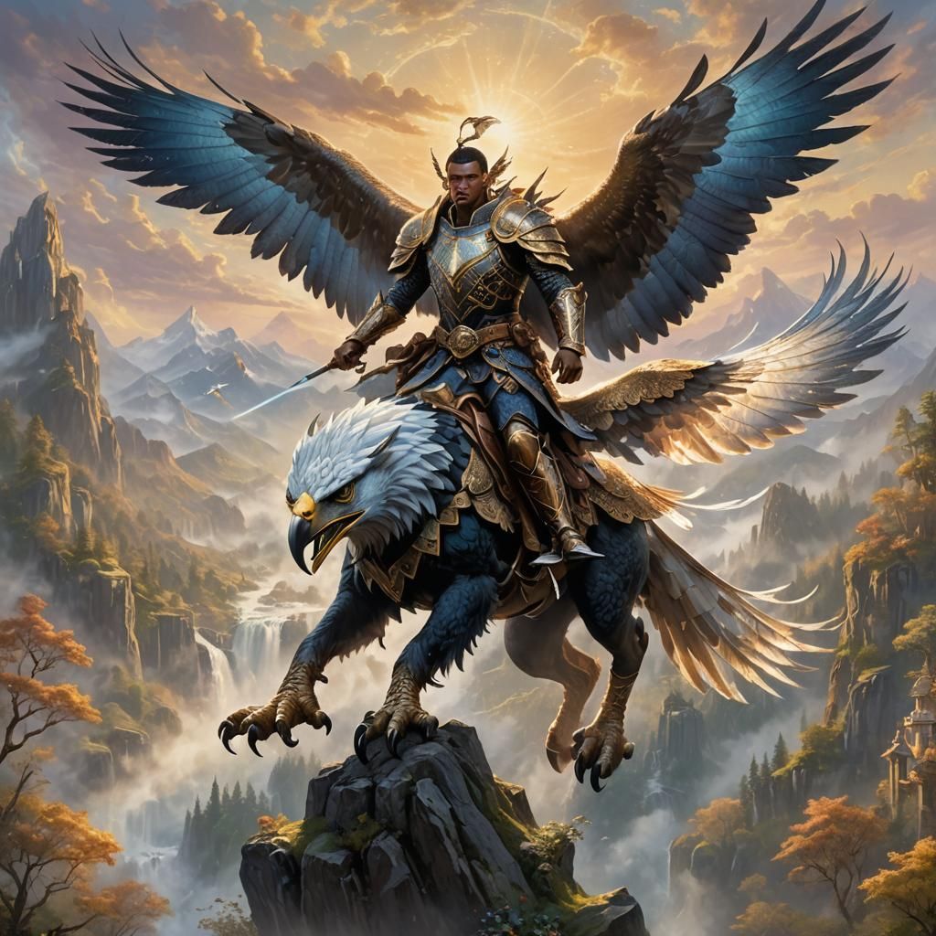 Elf Warrior Rides Eagle in Misty Landscape