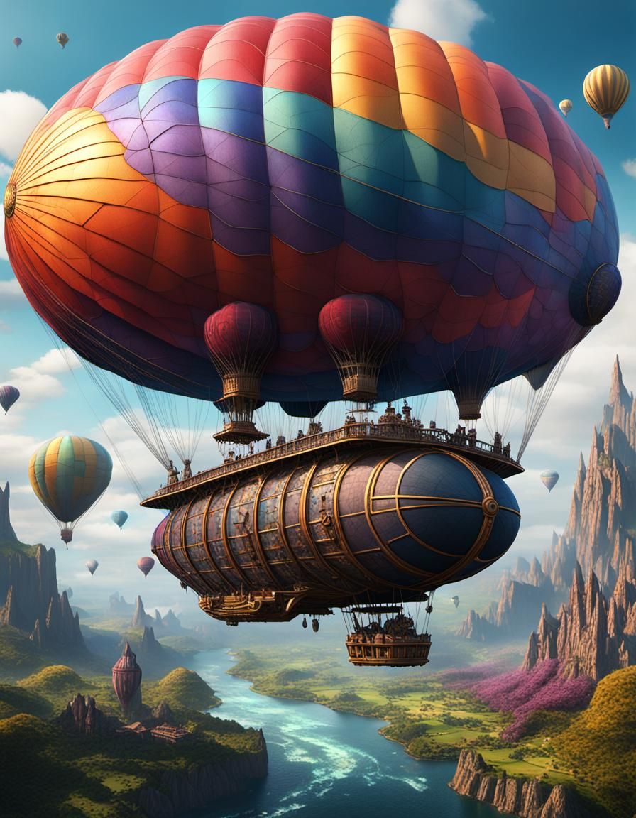 Colorful Airship Over Fantasy World: Digital Painting