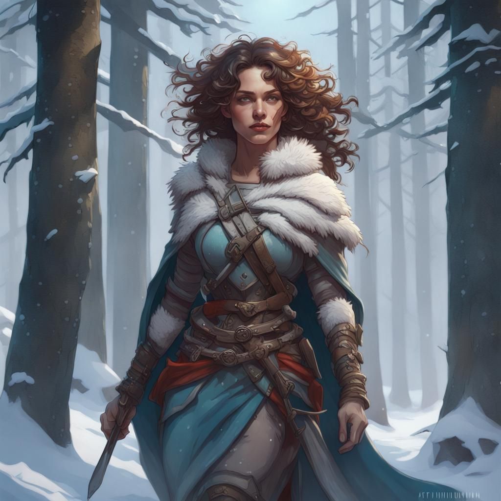 Warrior Woman in Snowy Forest with Wolves