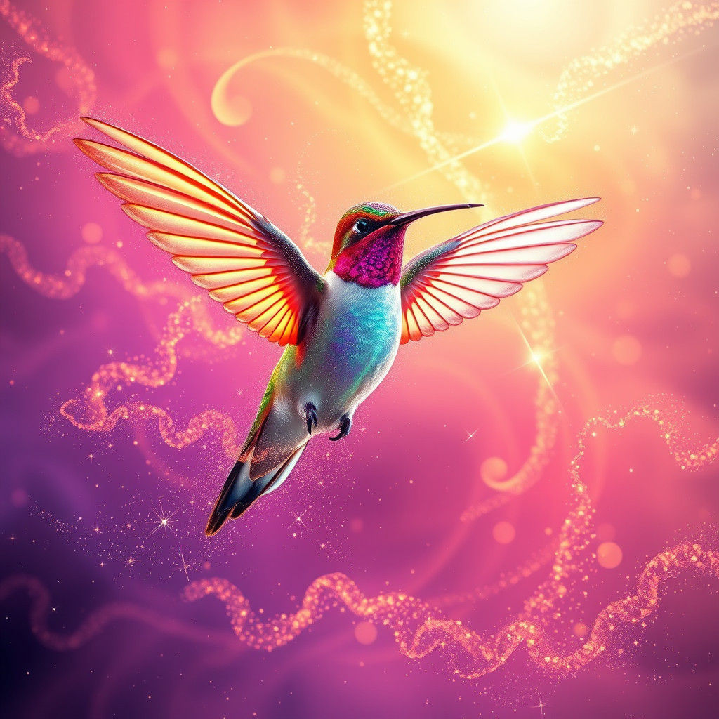 Hummingbird Soaring Through Ethereal Realm as Psychedelic Ar...