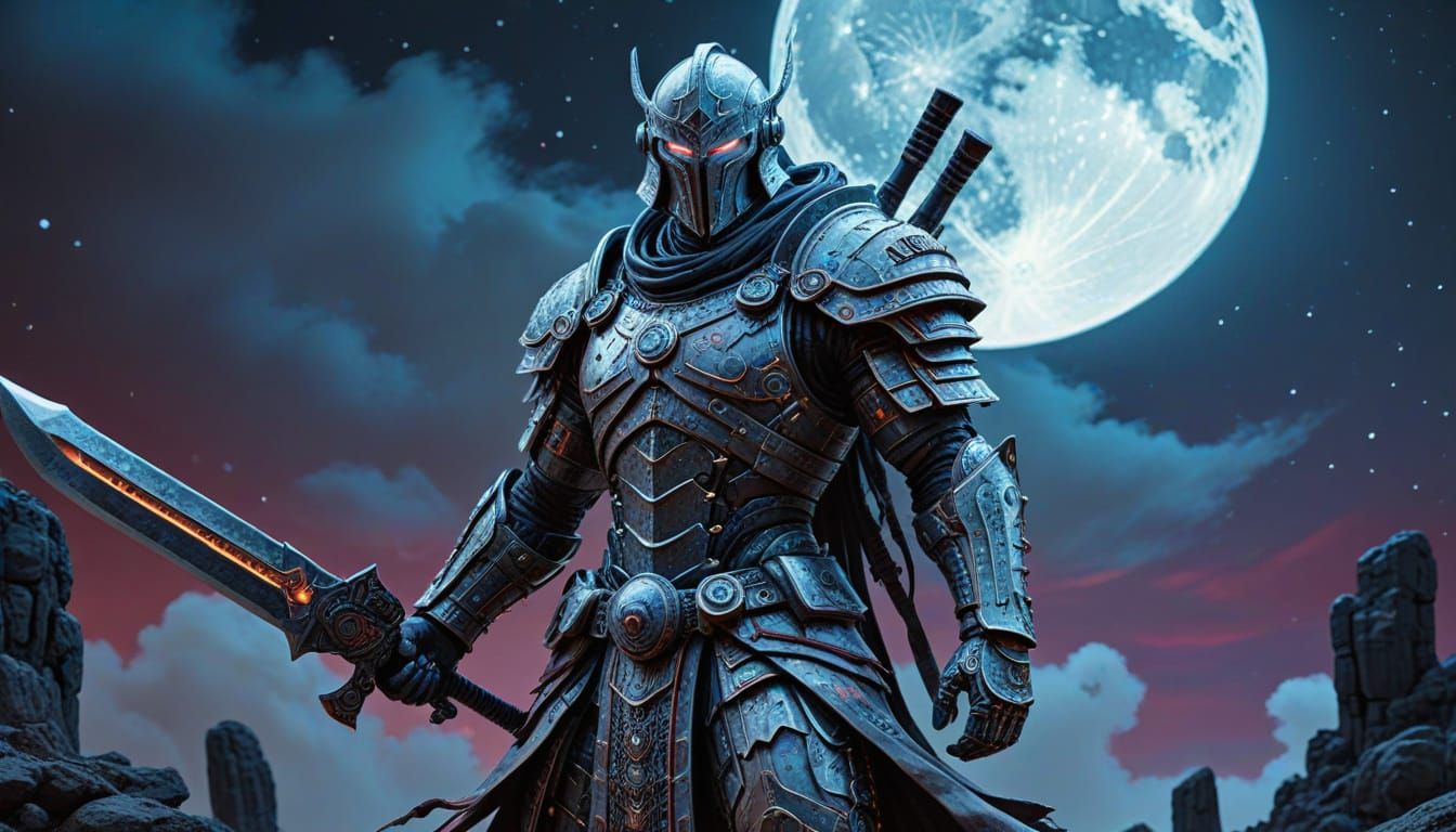 Warrior in Ghostly Armor, Under a Full Moon