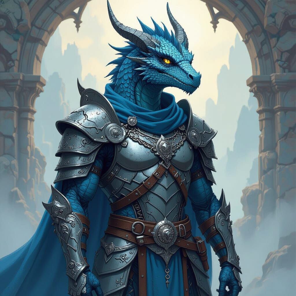 Dragon Humanoid in Chainmail Armor, Fantasy Art