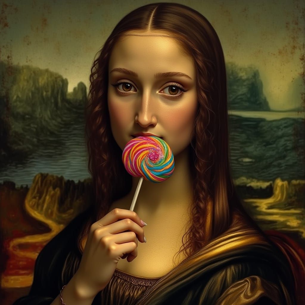 Mona Lisa Sucking on Lollipop in Renaissance Style