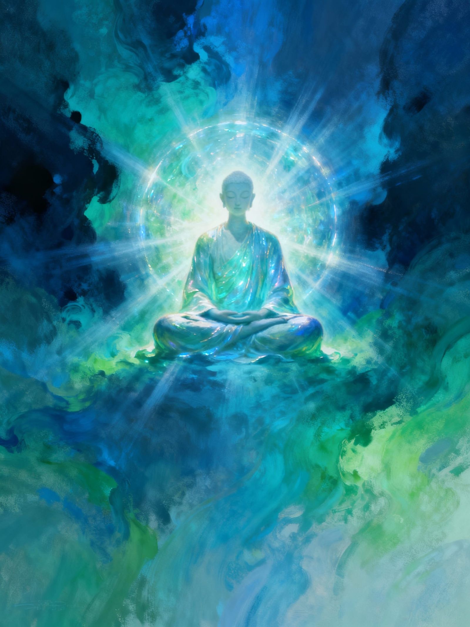 Serene Character Meditating in Radiant Light Aura