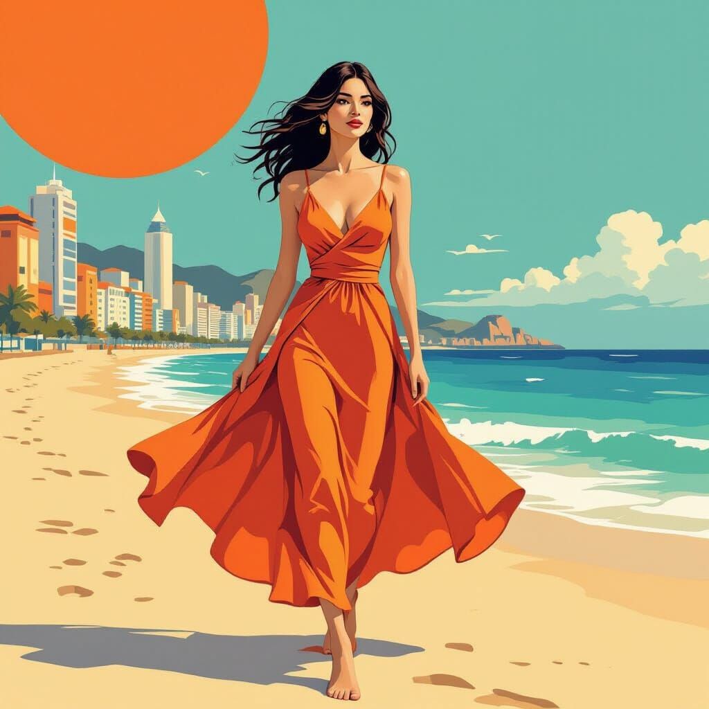 Woman on Orange Beach in Whimsical Style