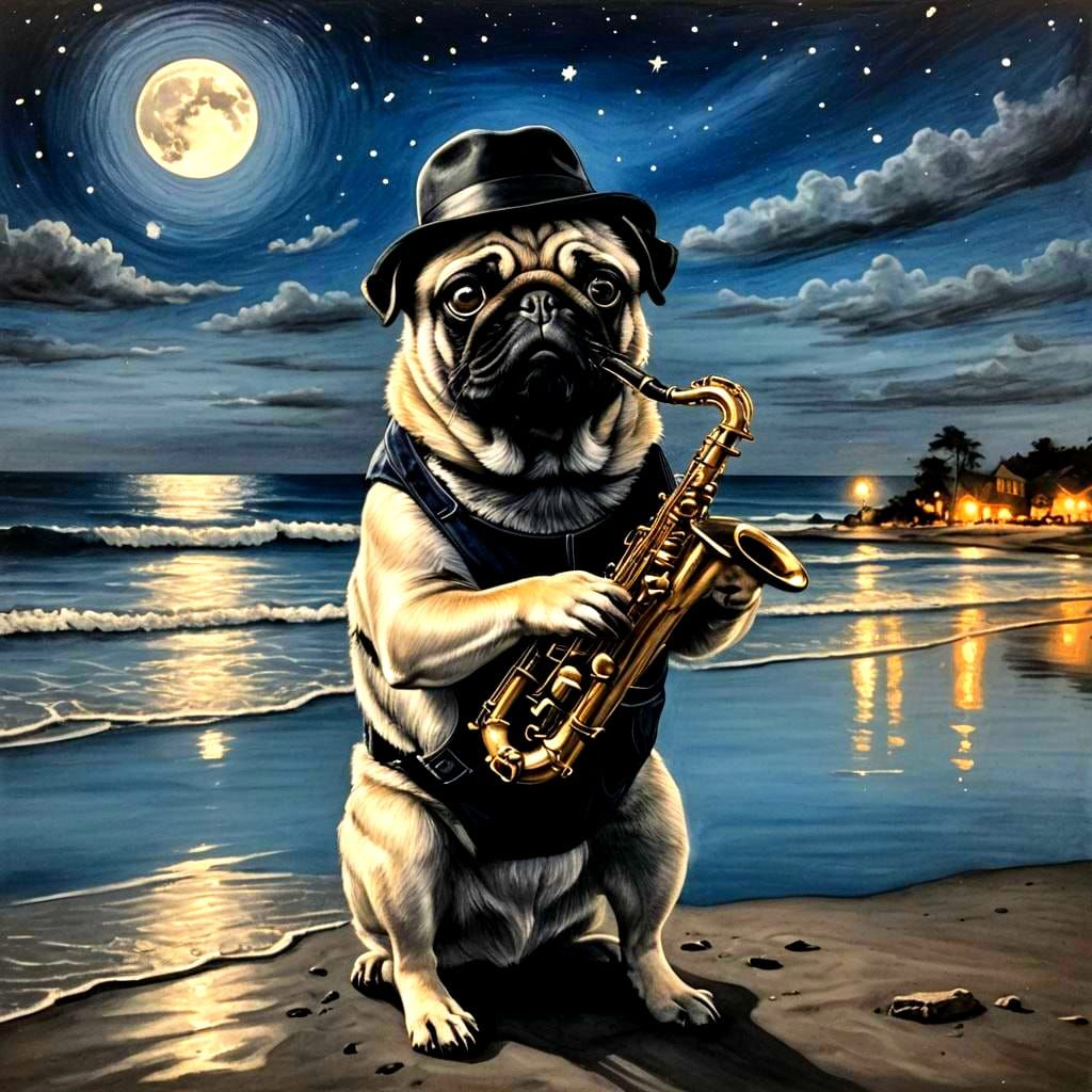 Moonlit Pug Plays Blues Saxophone in Charcoal