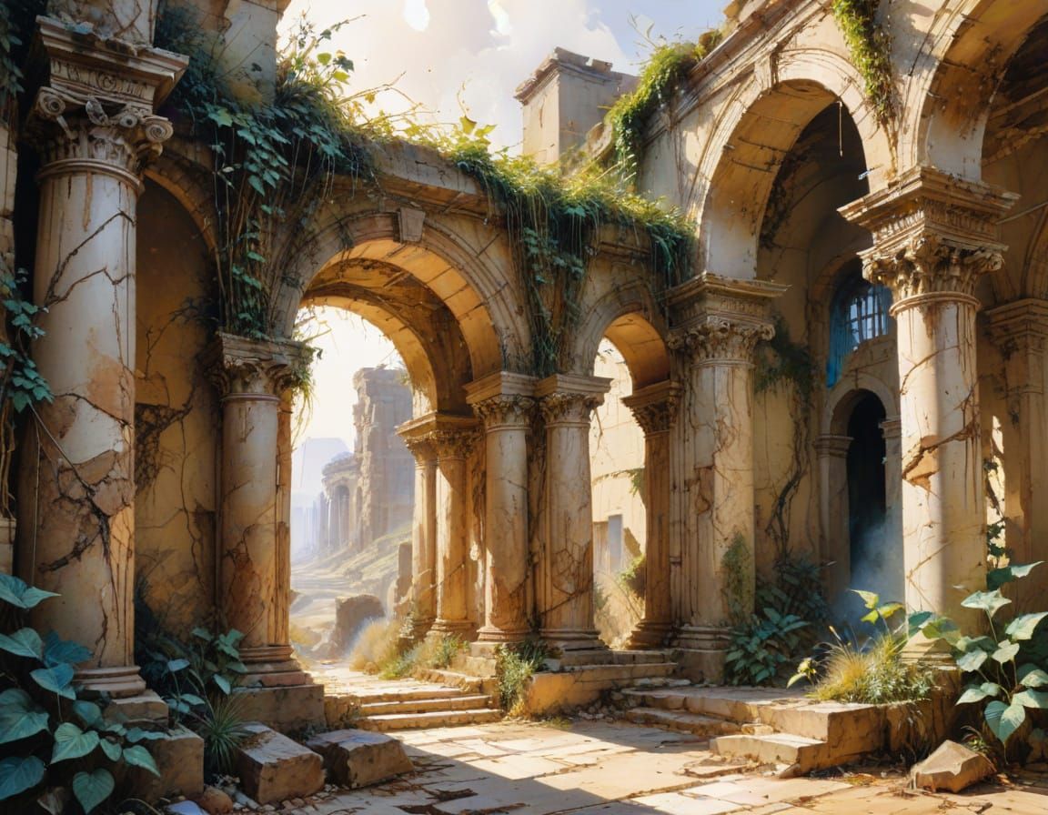 Deserted Ancient Ruins in Stylized Watercolour