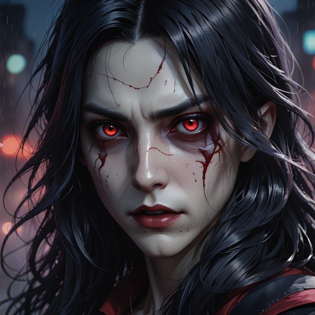 Vampire in Midnight Blue and Purple Watercolor Anime Art