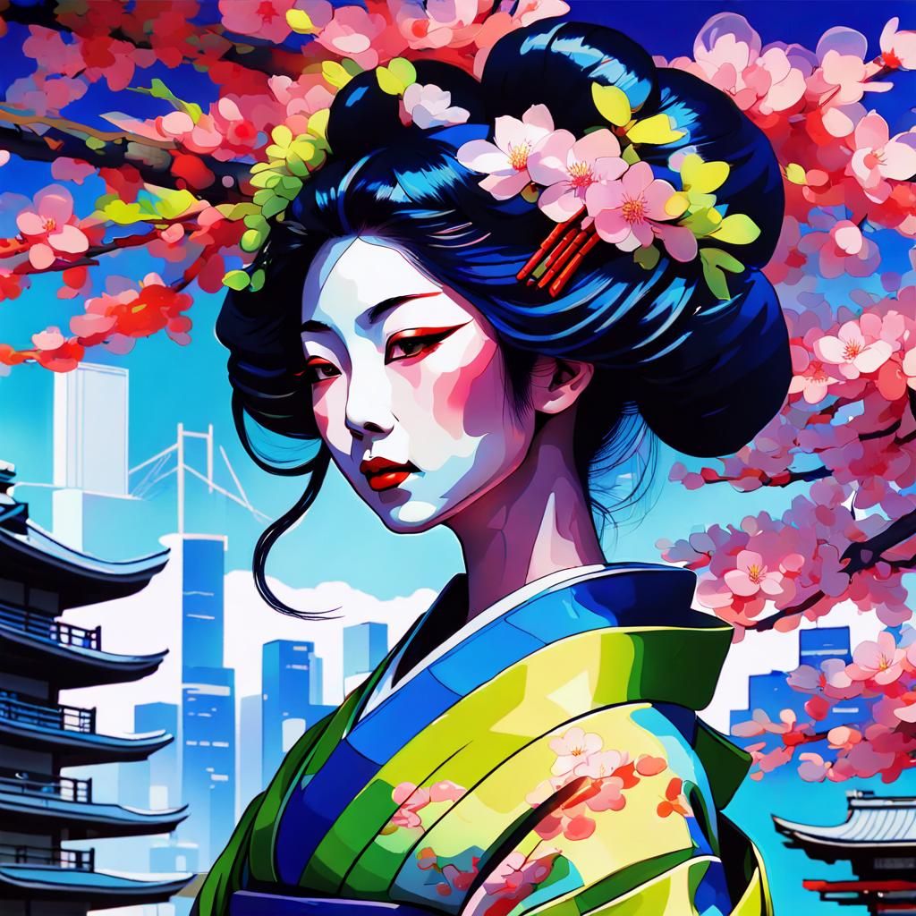 Geisha with Electric Blue Curls in Neo-Cubism Style