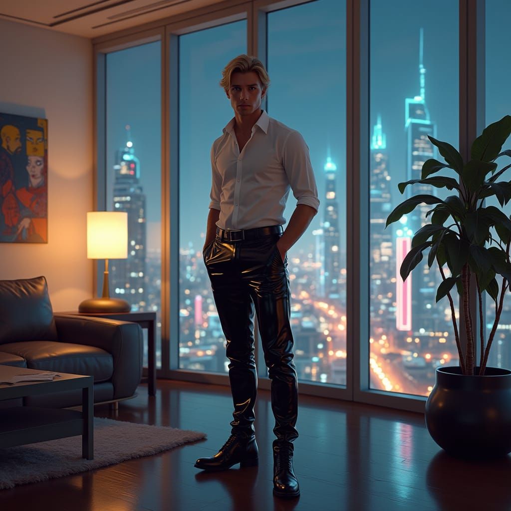 Futuristic Penthouse Portrait with Neon Cityscape