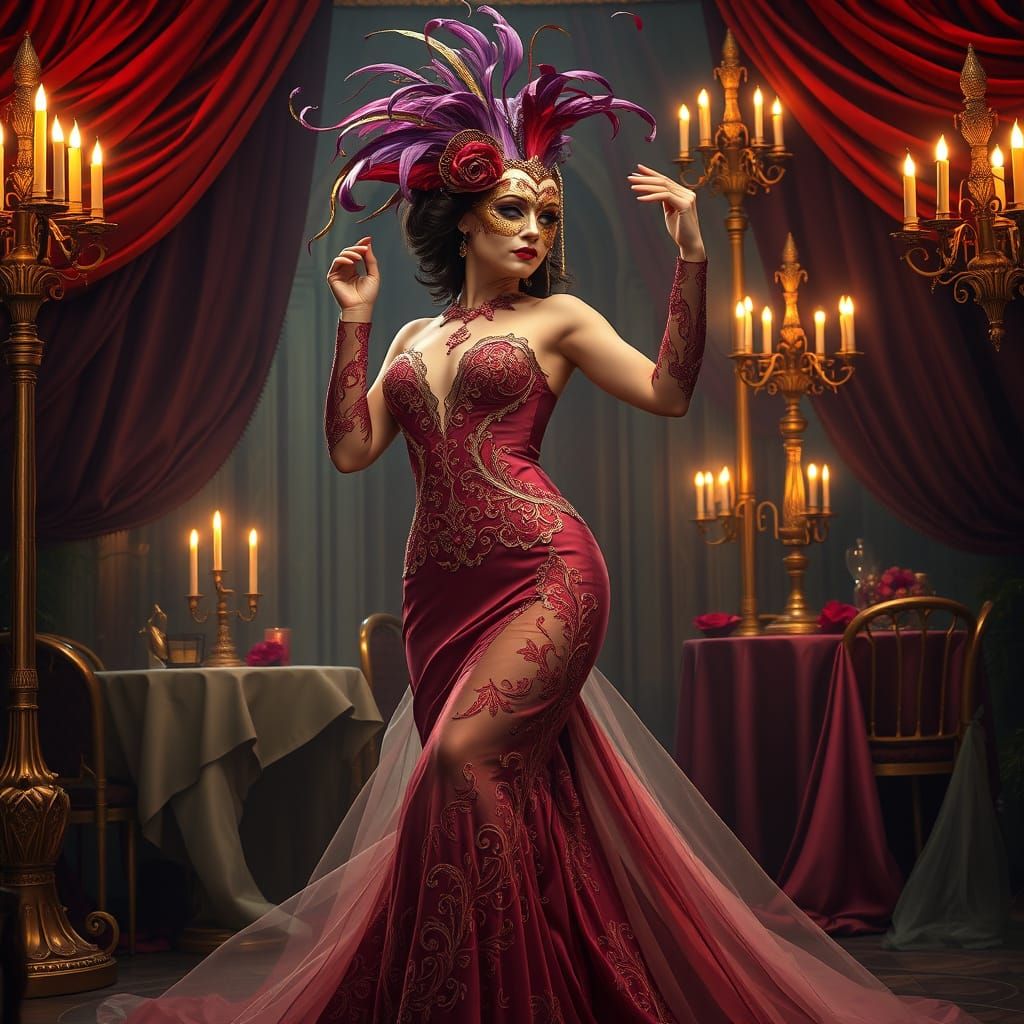 Elegant Woman in Mask at Masquerade, Art Nouveau Style