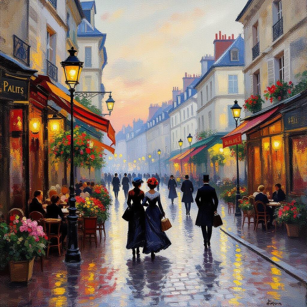 Parisian Street at Dusk: Impressionist Gaslight Scene