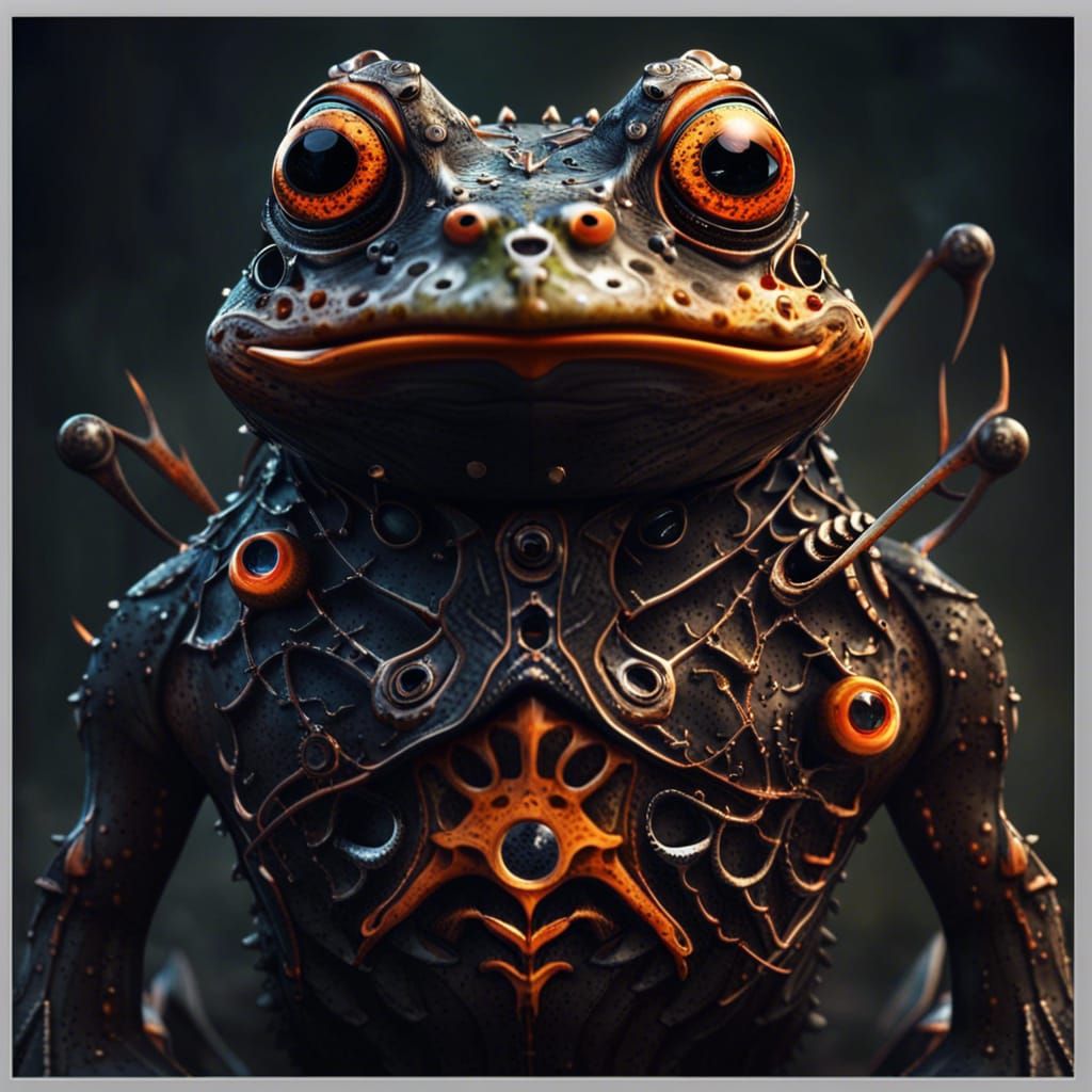 Horror frog made out of machinical parts,orange eyes,long sharp teeth, detailed matte painting, deep color, fantastical,...