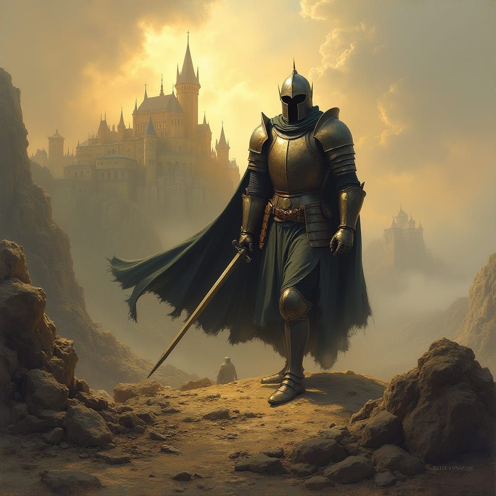 Medieval Knight in a Ruined Landscape, Oil Painting Style