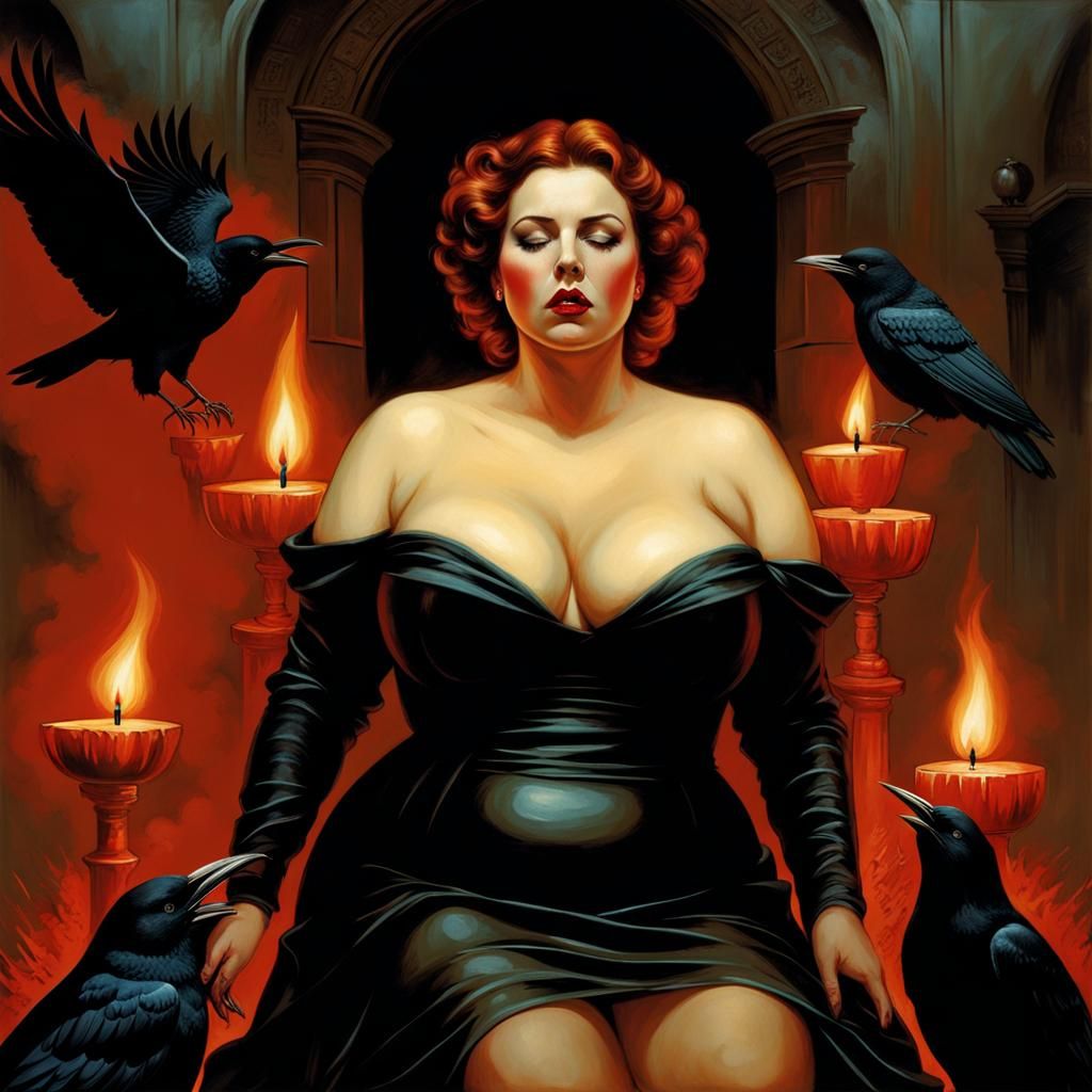 Anguished Woman Surrounded by Crows and Candles