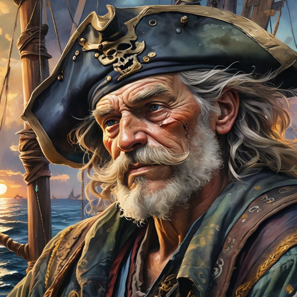 close up view of weary, aged pirate with a scar on his jaw a...