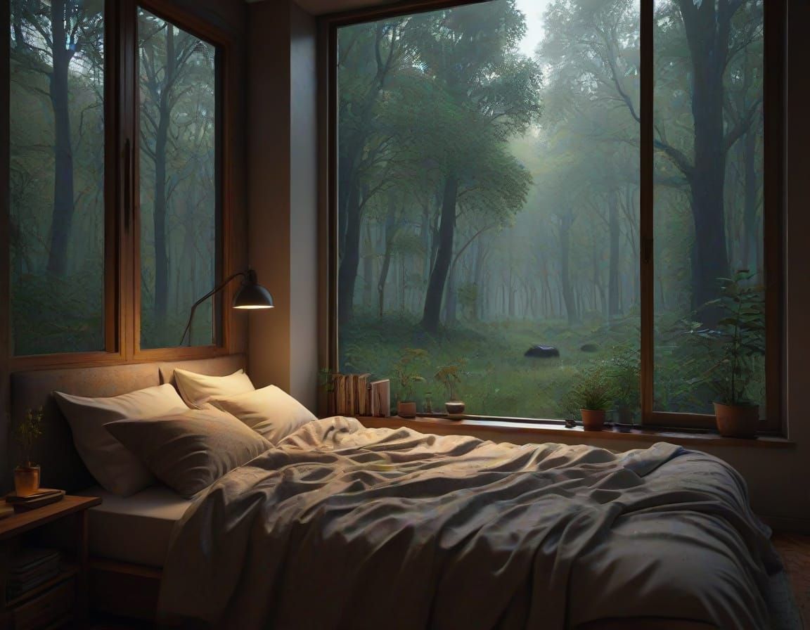 Cozy Room with Rainy Forest View, Photorealistic Rendering