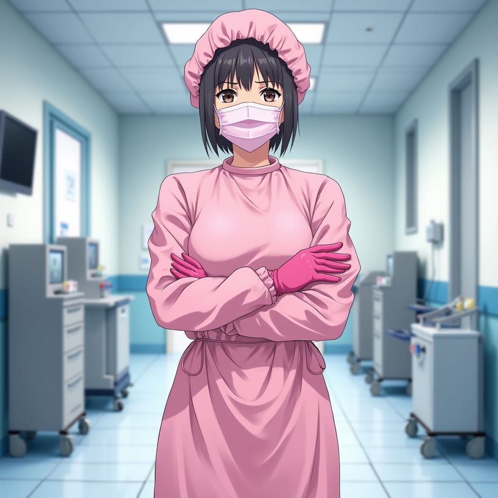 A Female Nurse in Modern Isolation Gown, Pink PPE, and Bouff...