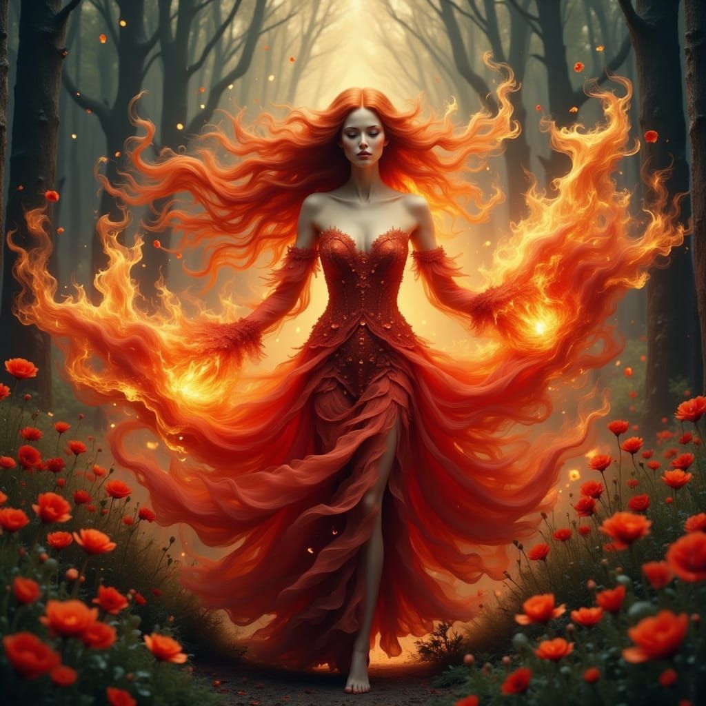 Fire Maiden Dancing in Crimson Poppy Field