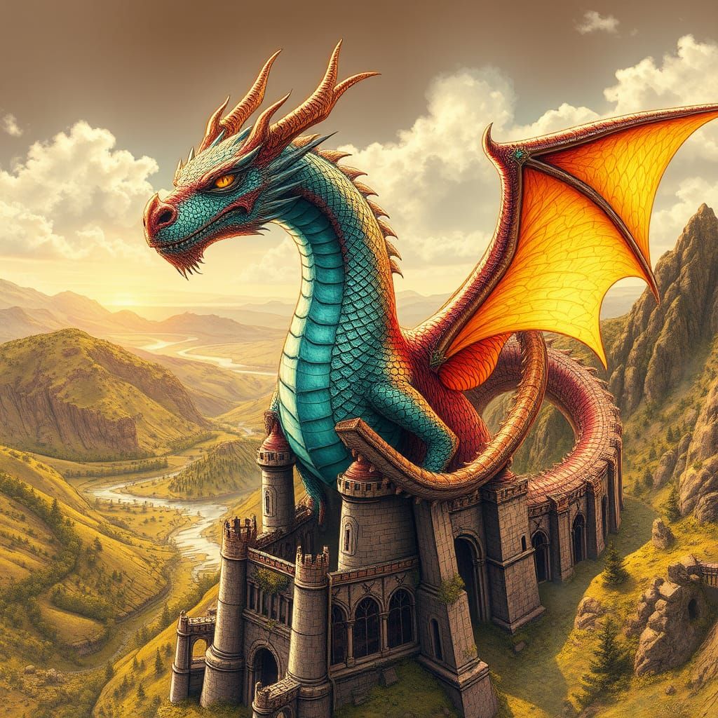 Regal Dragon Amidst Ancient Castle and Lush Landscapes