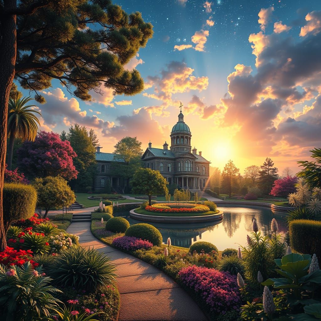 Botanical Garden at Sunset in Astral Cosmic Style