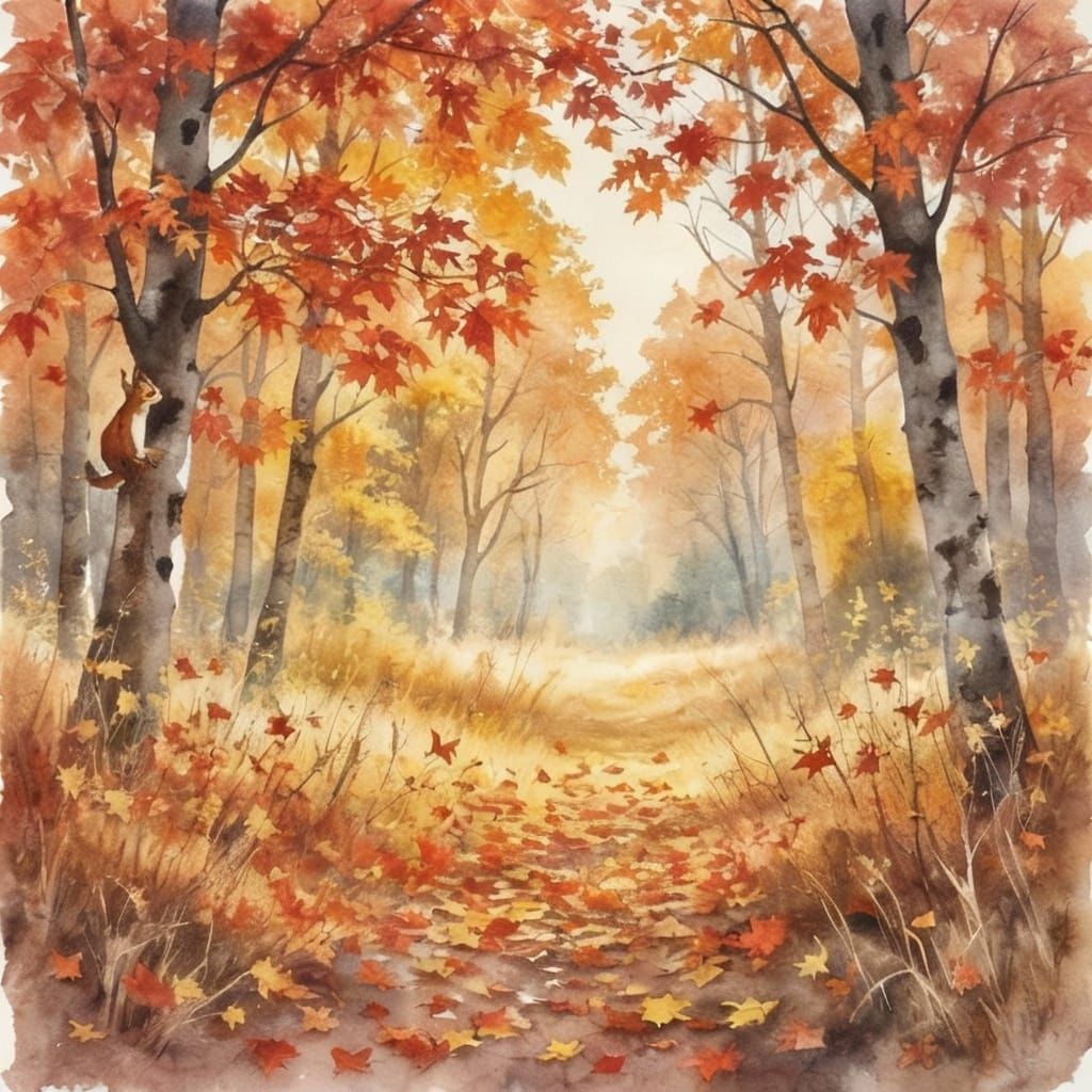Vibrant Autumn Woodland Glade in Watercolor Style