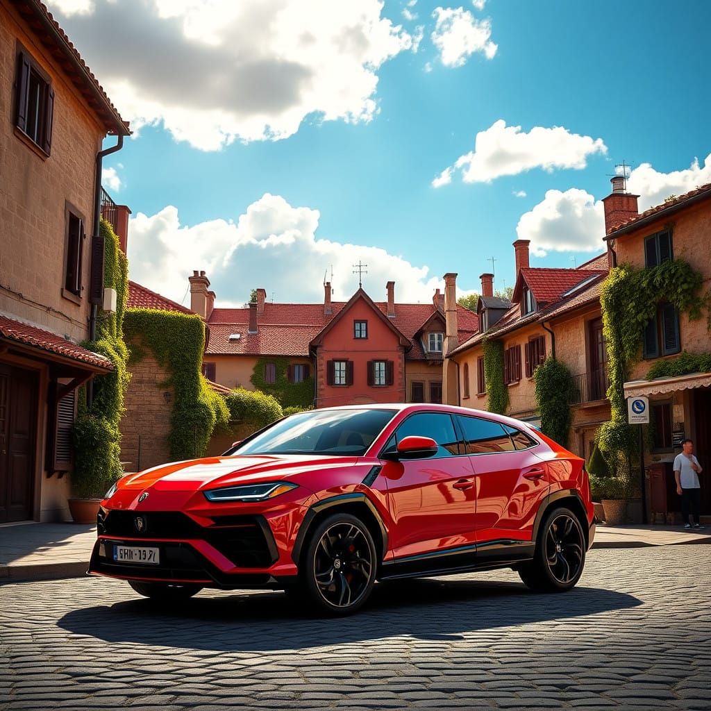 Scarlet Lamborghini Urus in a European Village Setting
