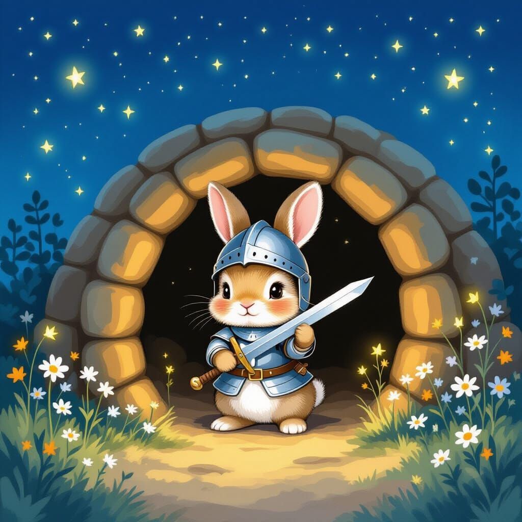 Baby Bunny Knight Guarding Burrow Under Starry Sky