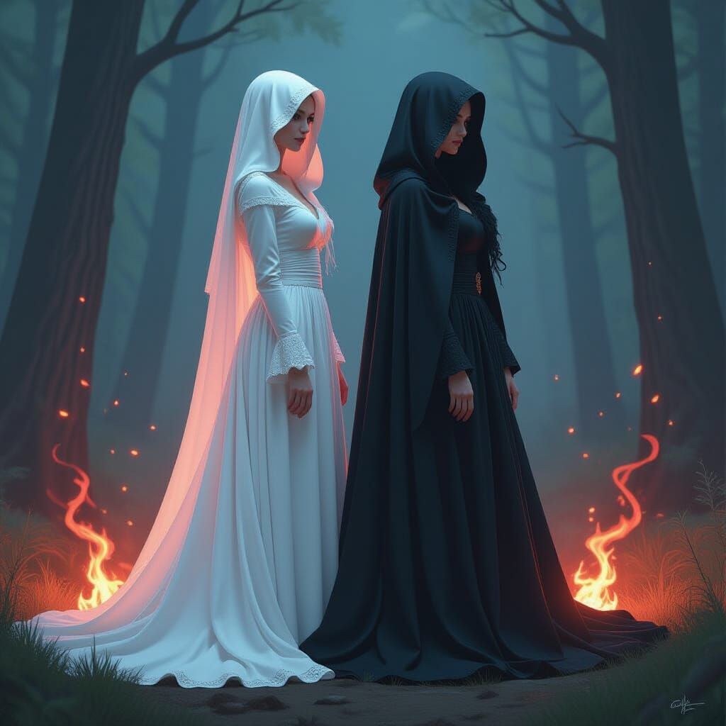 Mystical Twin Sisters in a Sci-Fi Landscape