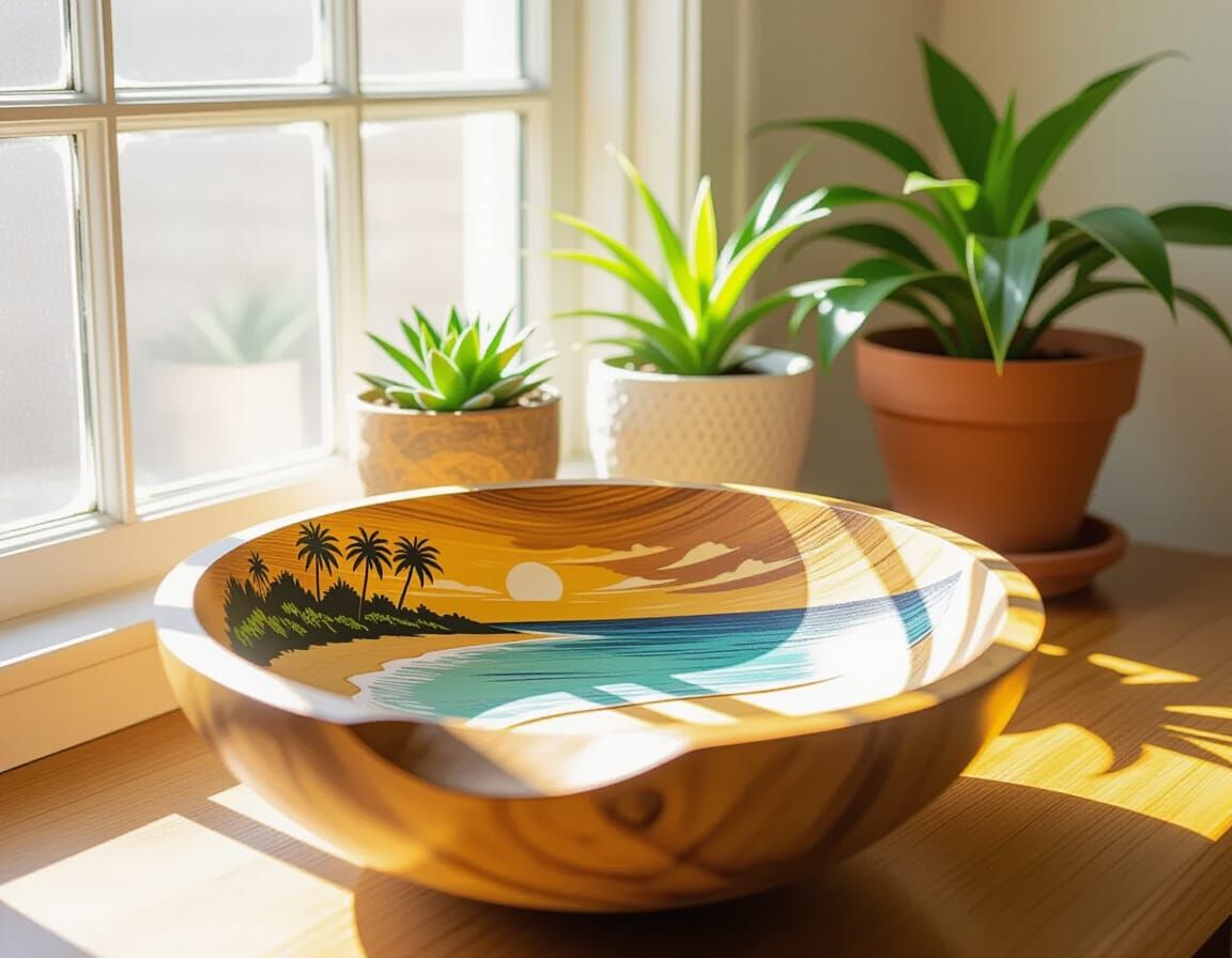 Polished Driftwood Bowl with Hawaiian Beach Scene