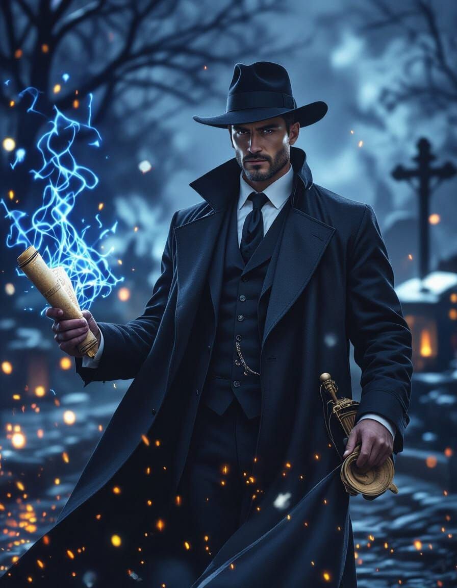 Mystical Crossroads: Man with Scroll in Dark Fantasy Style