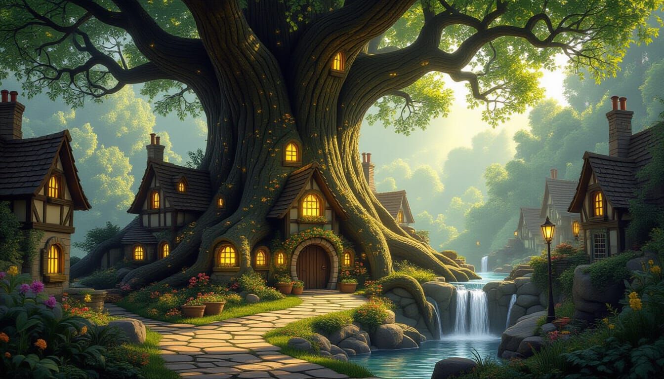 Fairytale Village Inside Giant Glowing Tree Roots