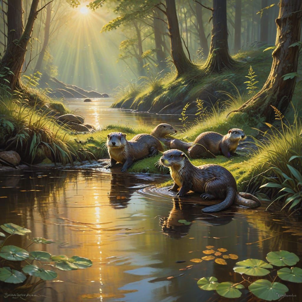 Impressionist Otters Play in Sunlit Forest River