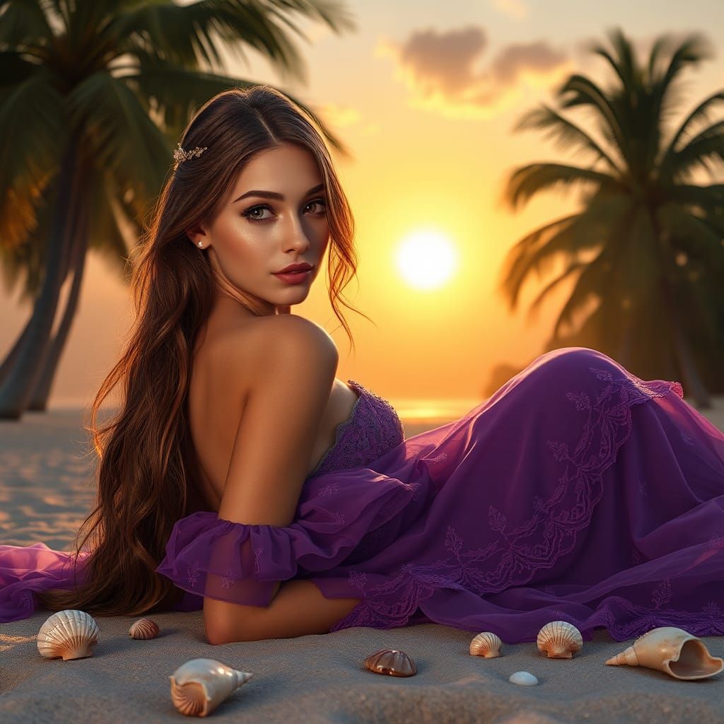 Fantasy Woman on Sun-Kissed Beach at Dusk
