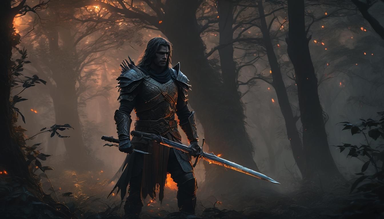 Mystical Warrior in Forest, Dark Fantasy Concept Art