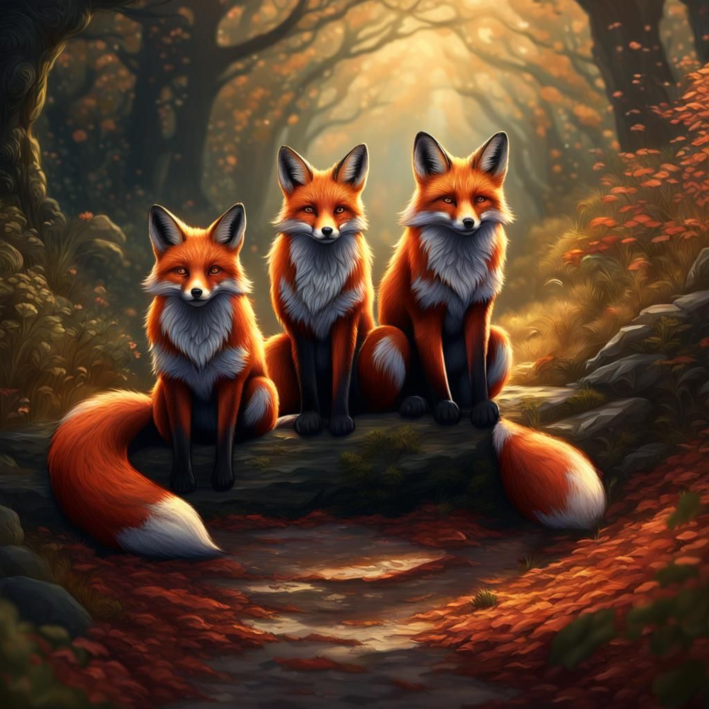 Three Red Foxes on a Path: Fantasy Concept Art