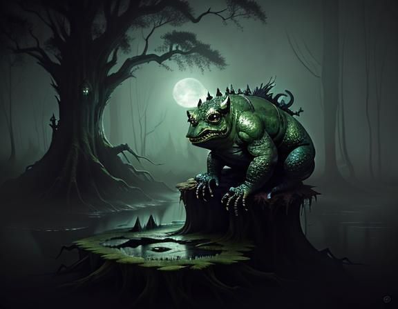 Bullywug in Misty Swamp: Dark Fantasy Illustration