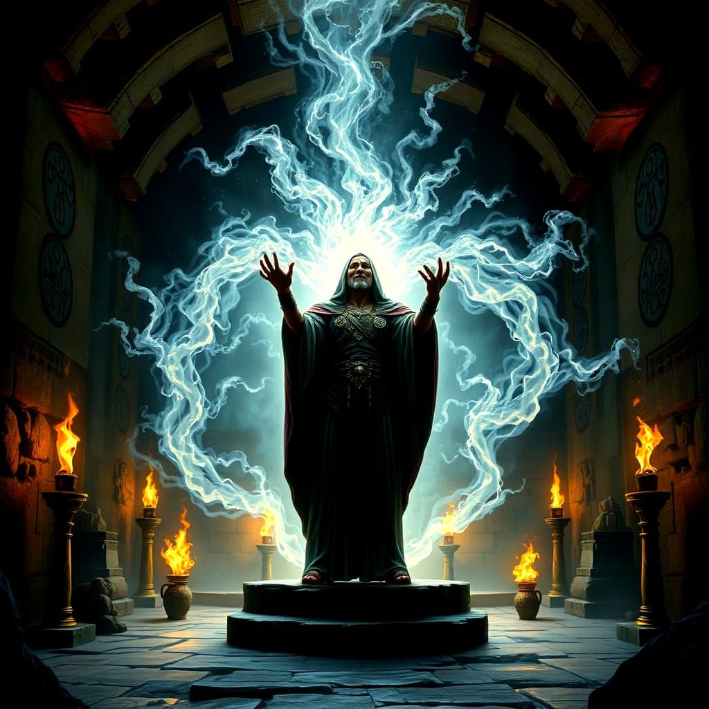 Ancient Priest Transformation Ritual in Stone Chamber