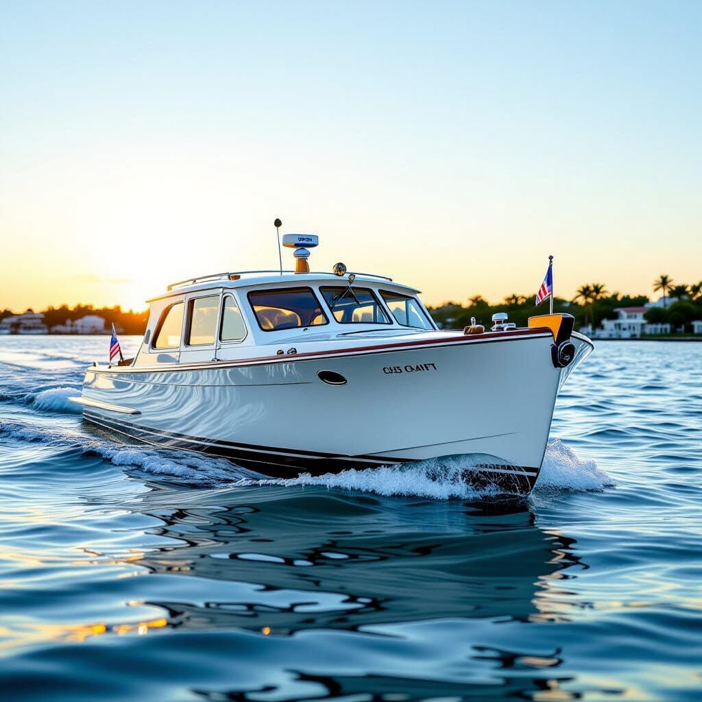 Vintage 1930s Cabin Cruiser at Dock in Golden Hour