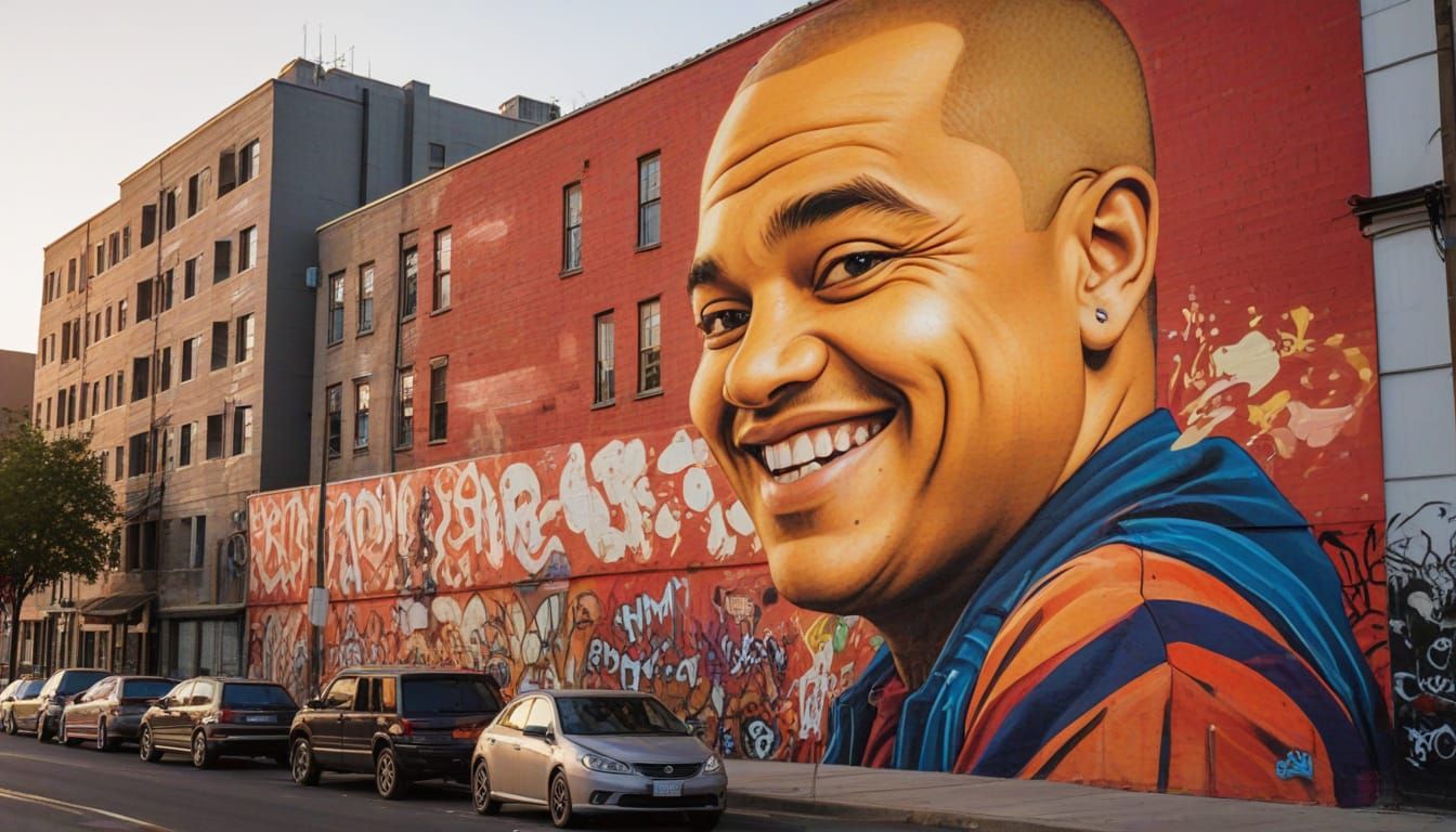 Vibrant Graffiti Mural of Irv Gotti in Warm Cityscape