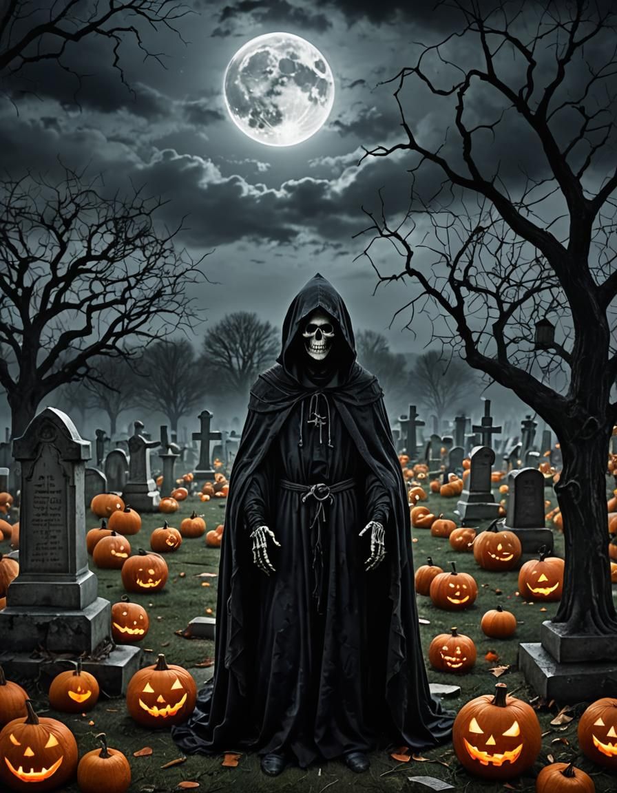 in a gloomy and gloomy cemetery, with the full moon in the background partially hidden by very thin clouds that pass thr...