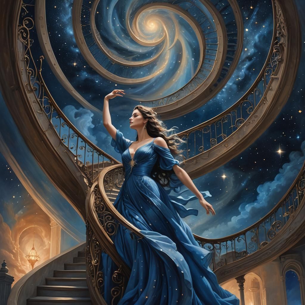 Celestial Descent: Surreal Woman in Zaffre Dreamscape